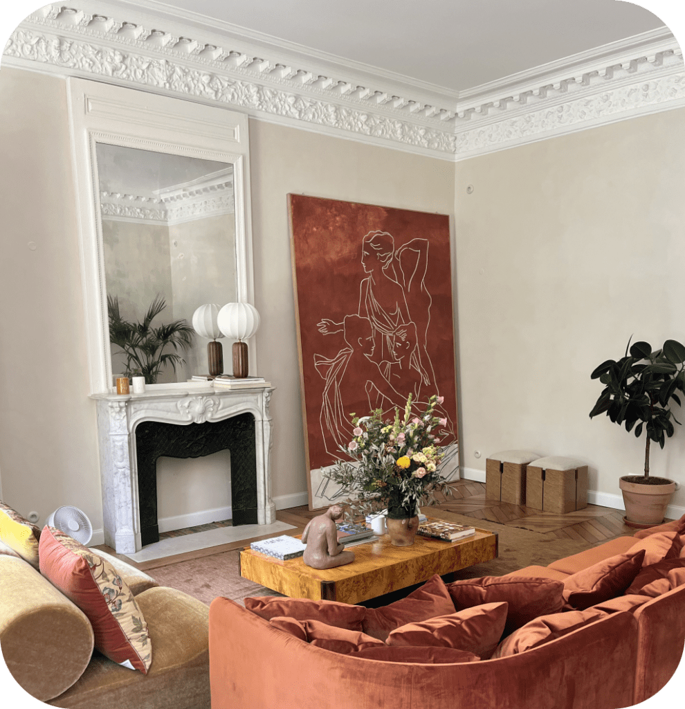 A living room with a mirror.