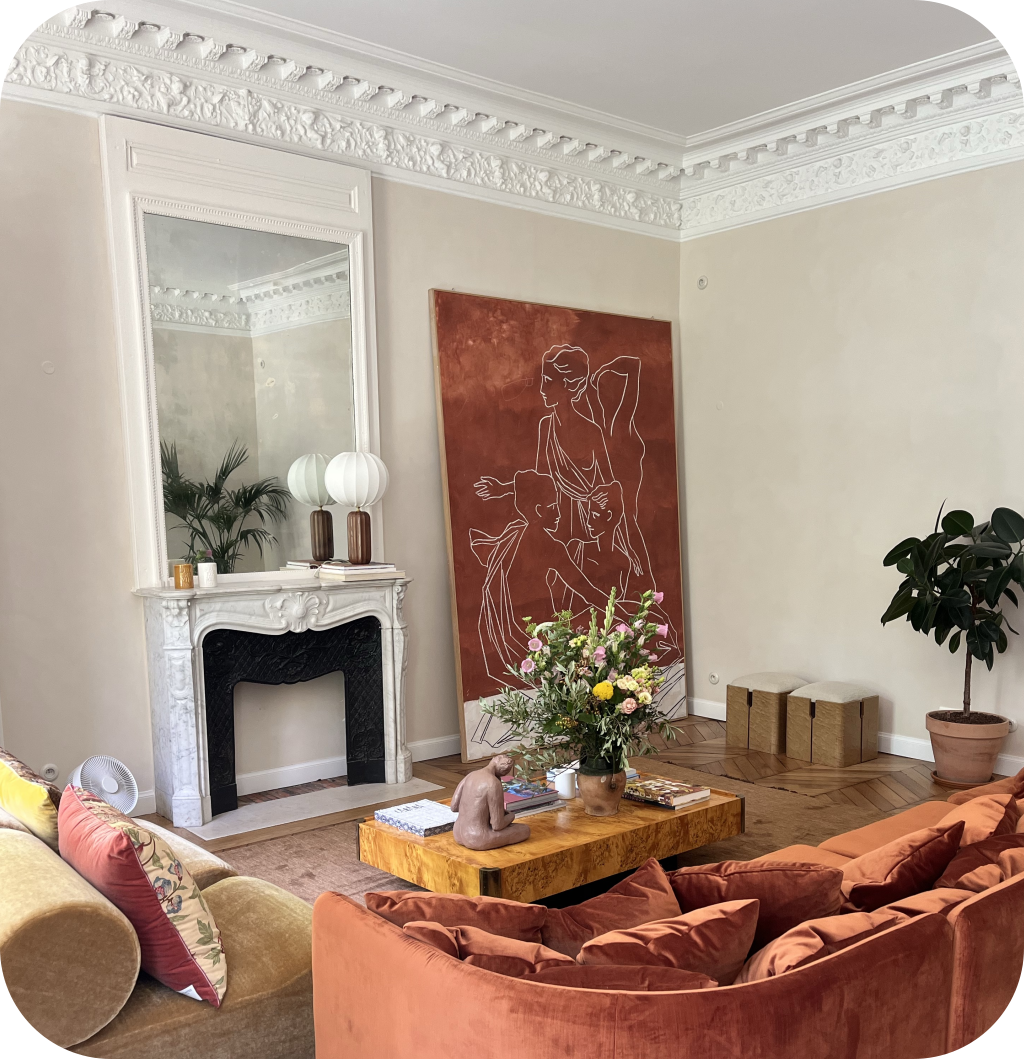 A living room with a mirror.