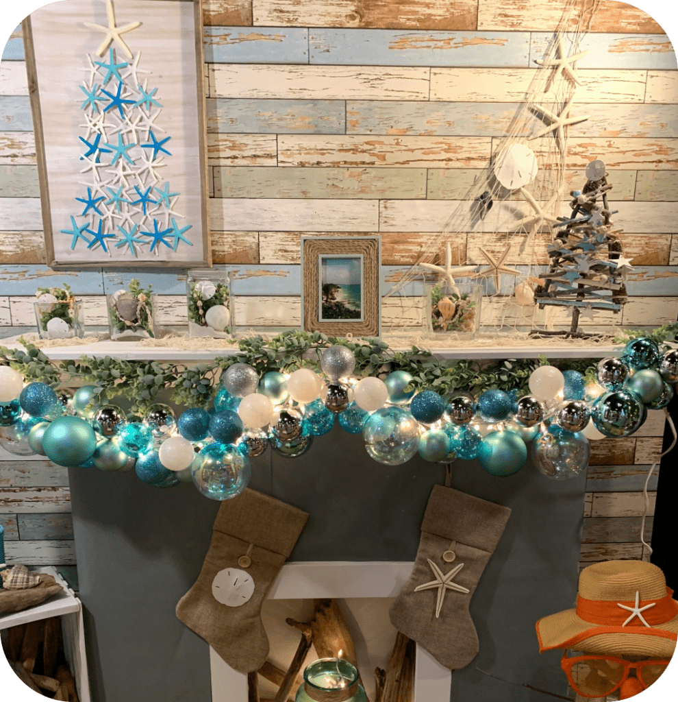 A Christmas coastal mantel decor.