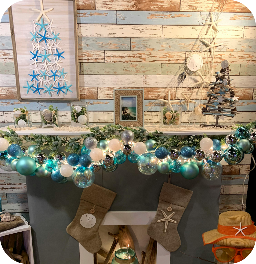 A Christmas coastal mantel decor.