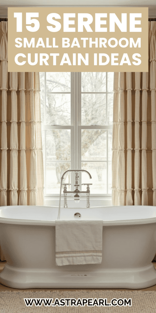 Pinterest Pin for small bathroom curtain ideas.