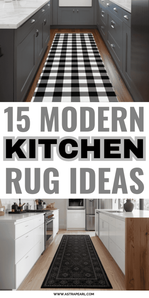 Pinterest Pin for modern kitchen rug ideas.