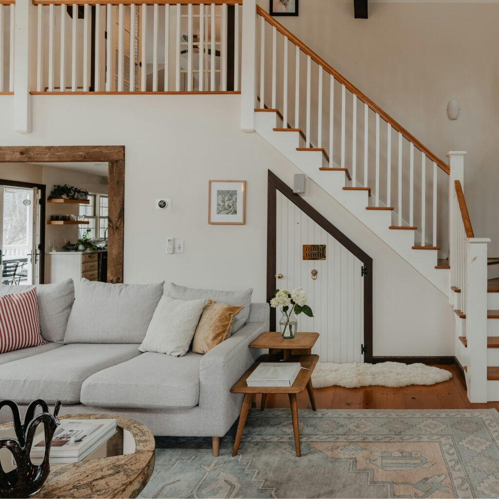 A patterned living room.