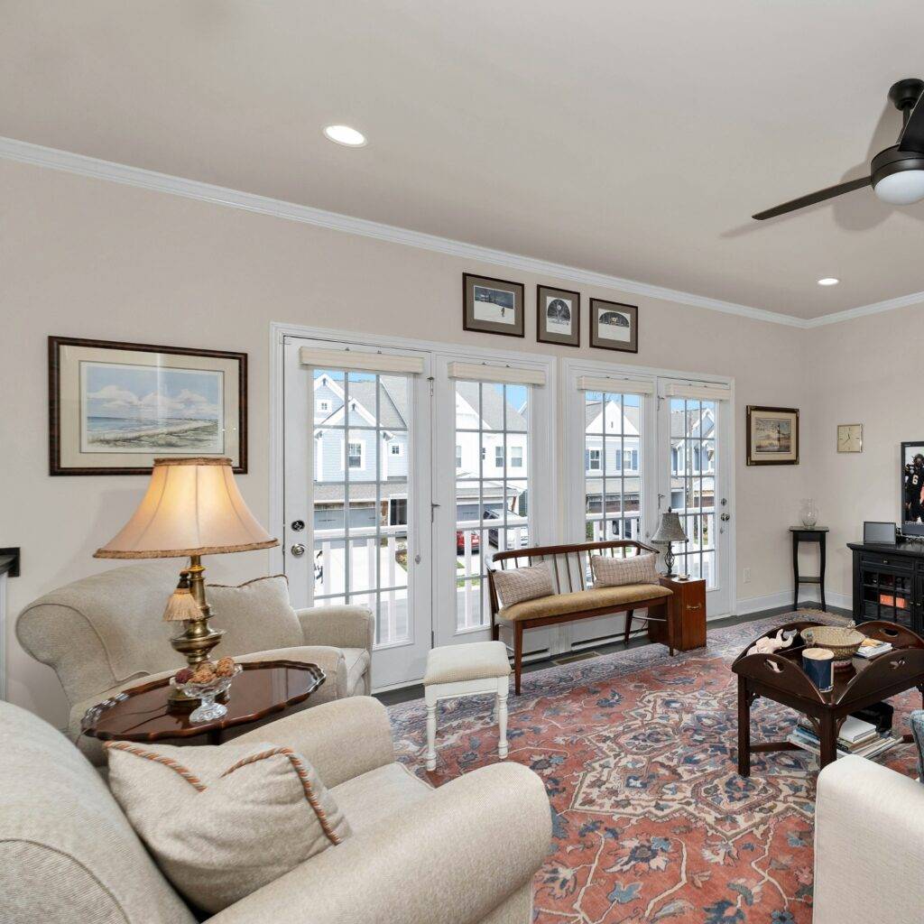 A patterned living room.
