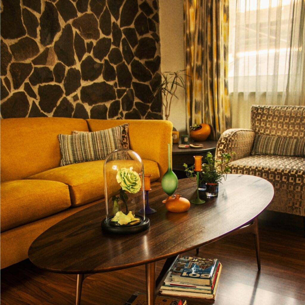 A patterned living room.