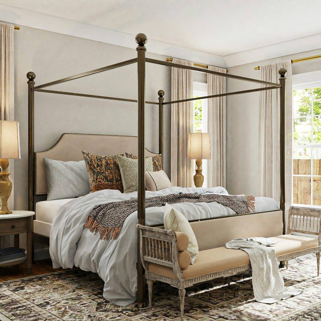 A patterned bedroom.