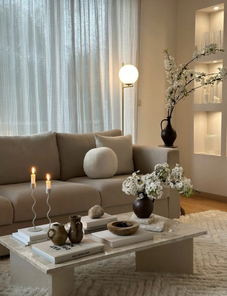 A neutral living room.