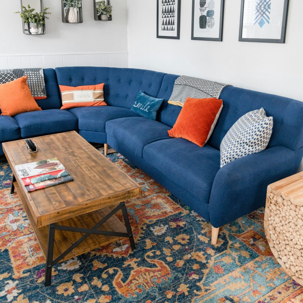 A patterned living room.