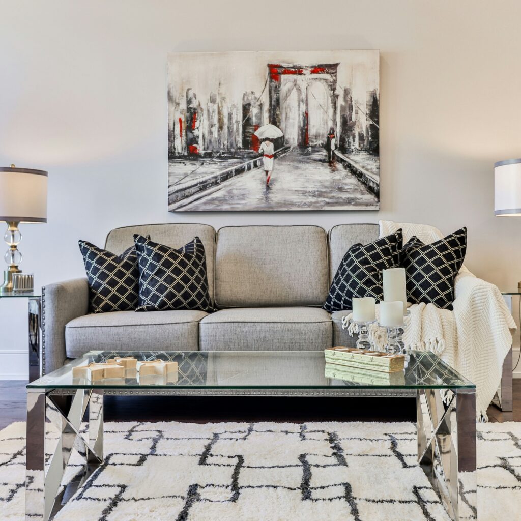 A patterned living room.