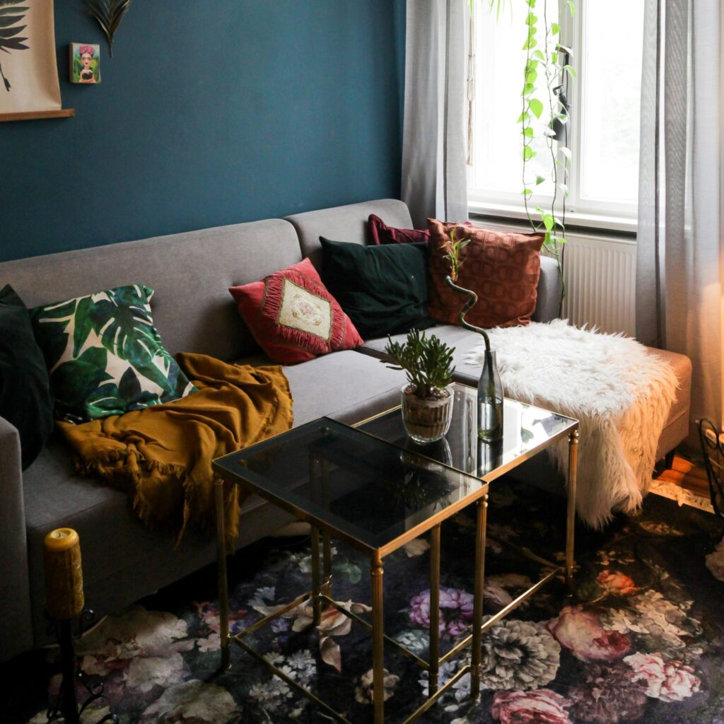 A patterned living room.