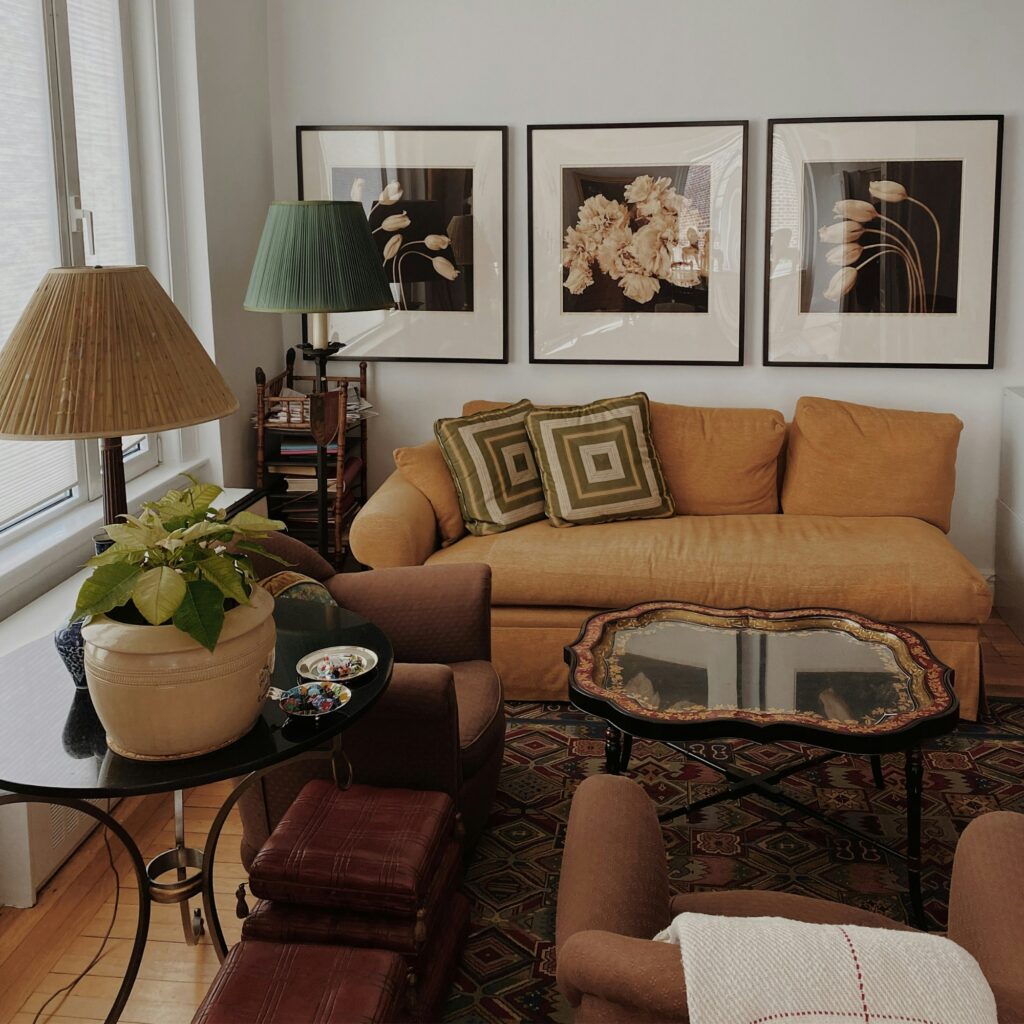 A patterned living room.