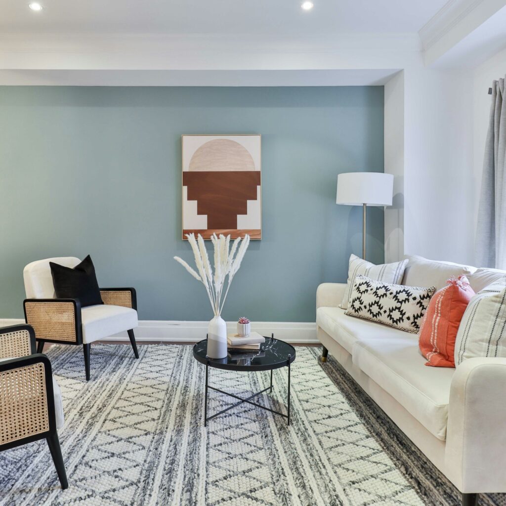 A patterned living room.