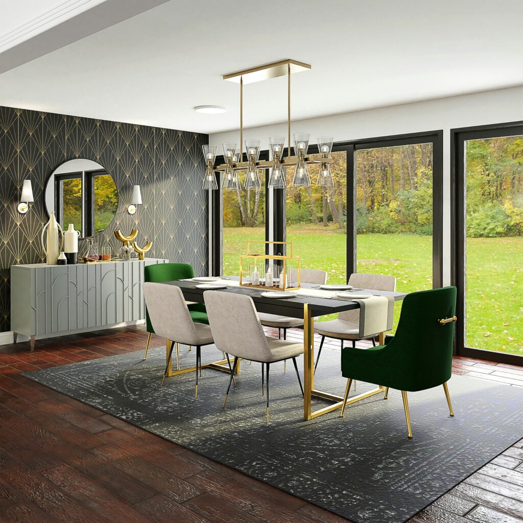 A patterned dining room.
