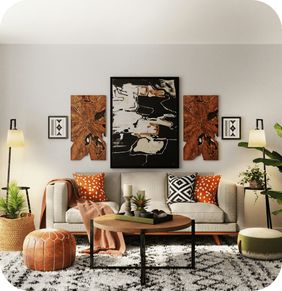 A patterned living room.