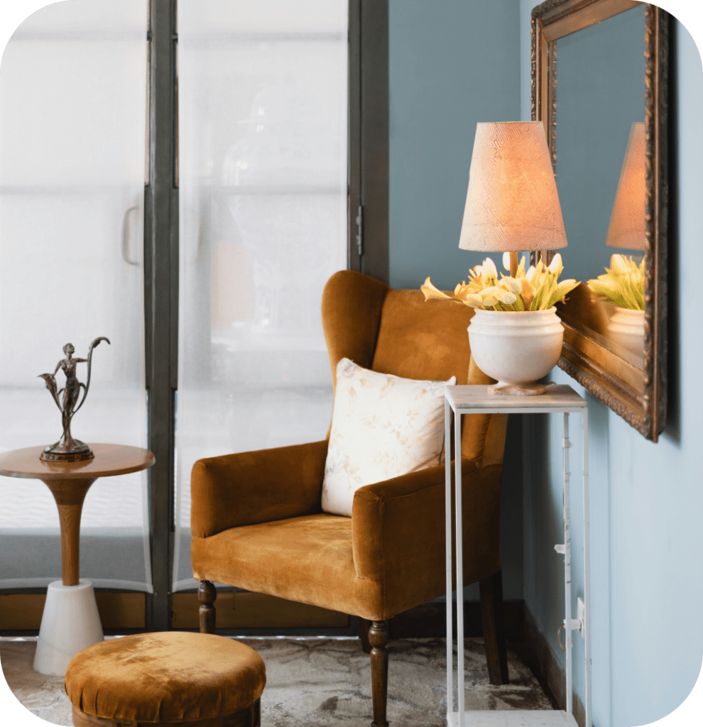 A mirror in a living room.