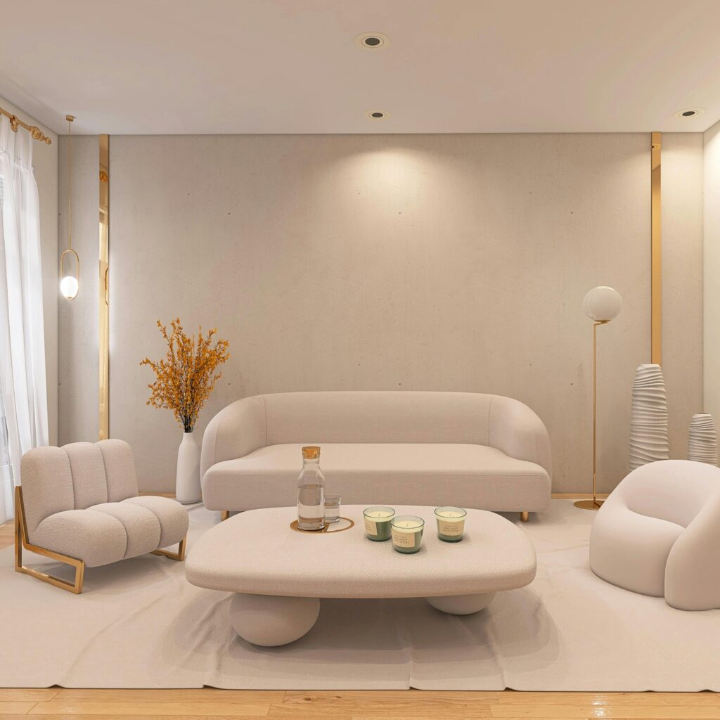 A living room with a rug.