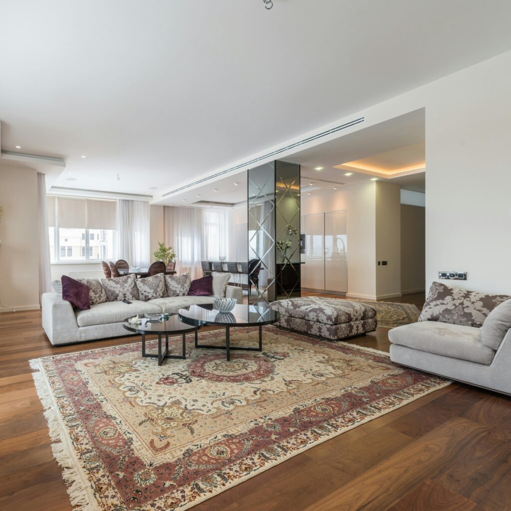A living room with a rug.