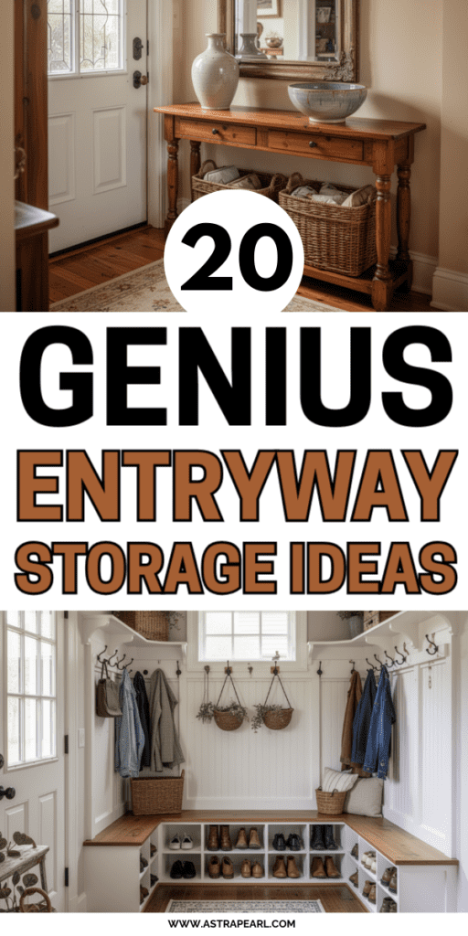 Pinterest Pin for entryway storage ideas.