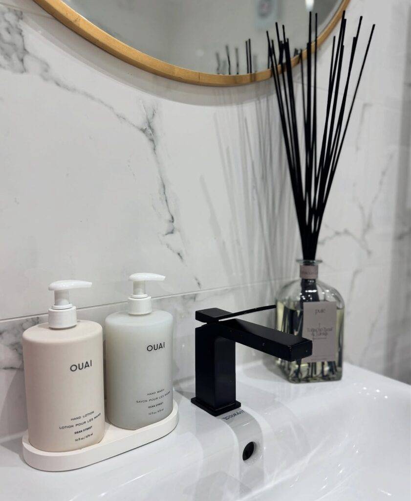 A bathroom counter decor.