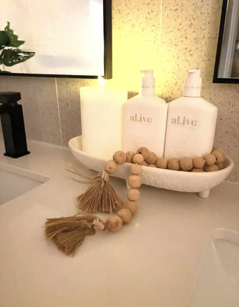 A bathroom counter decor.