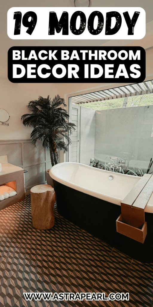 Pinterest Pin for black bathroom decor ideas.