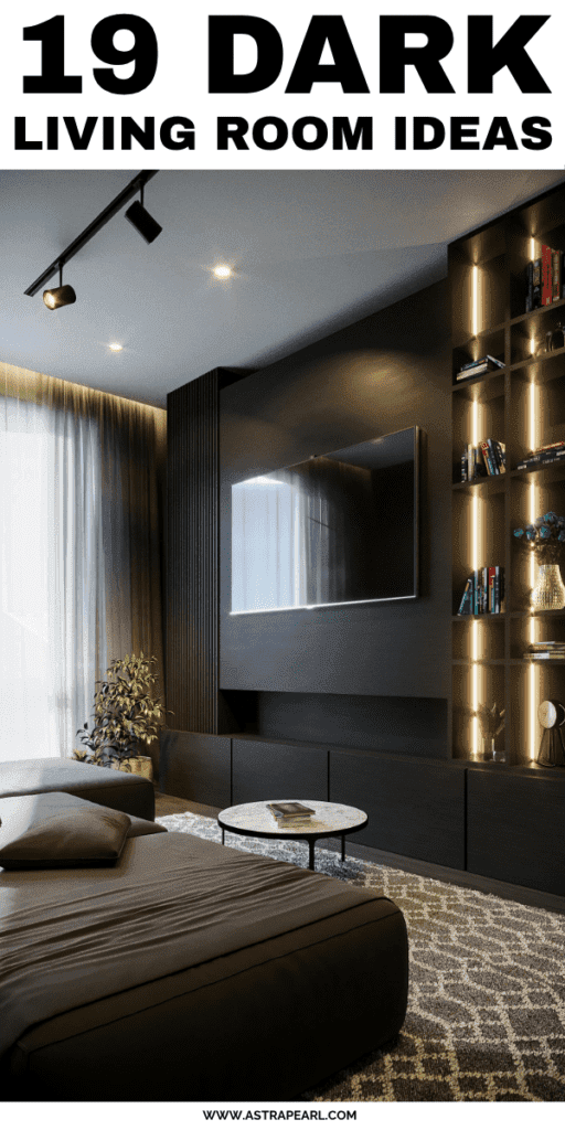 Pinterest Pin for dark living room ideas.
