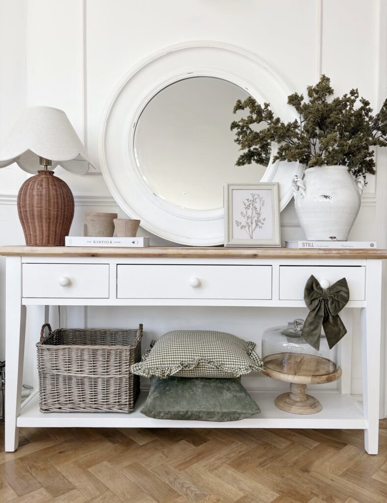A well-decorated console table.
