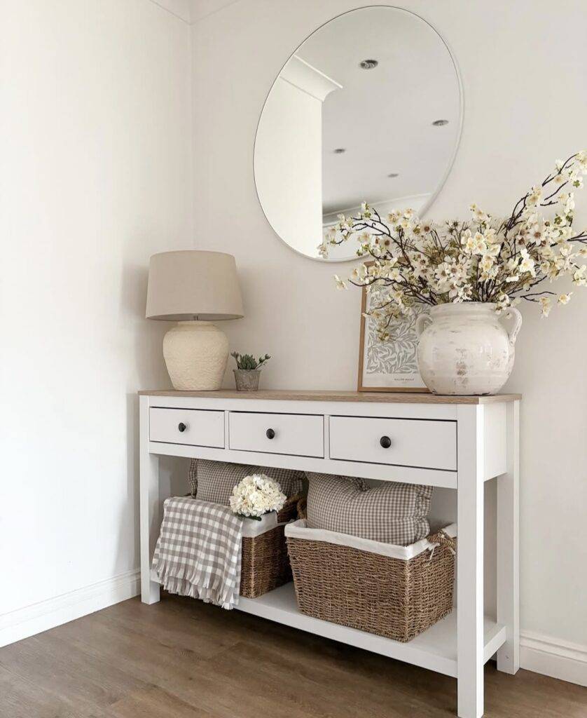 A well-decorated console table.