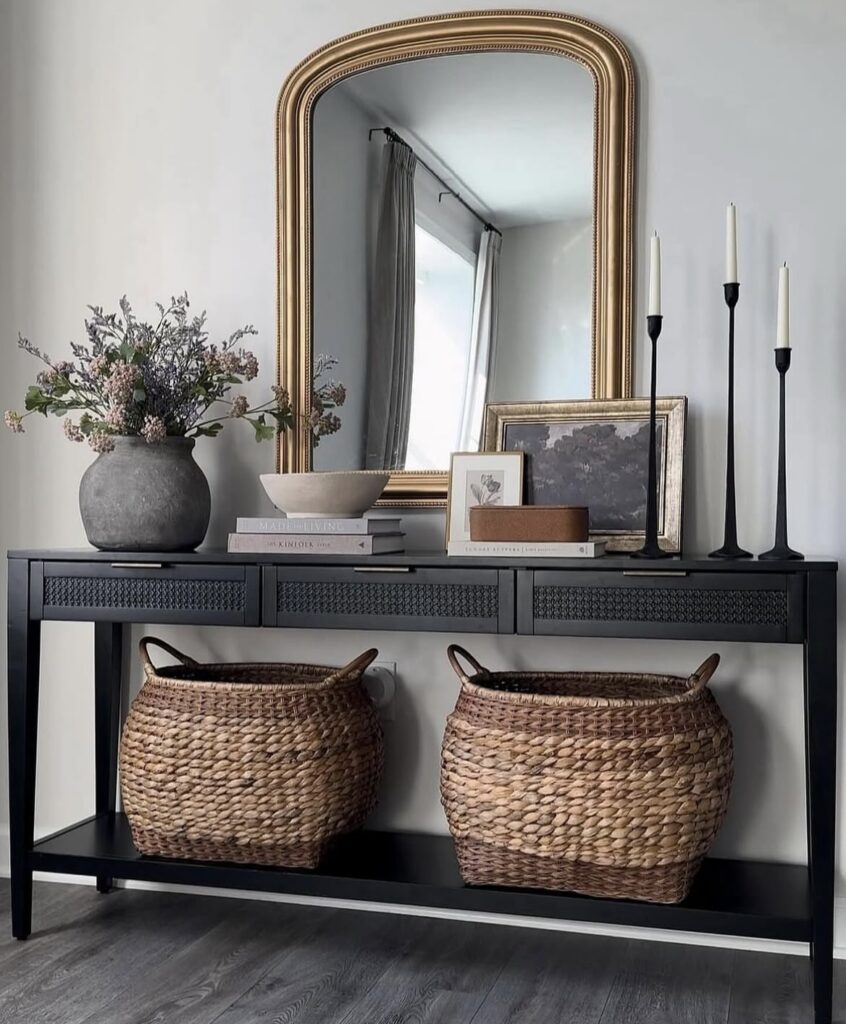 A well-decorated console table.