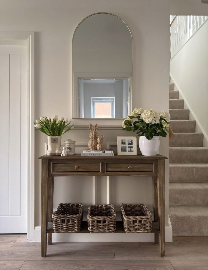 A well-decorated console table.