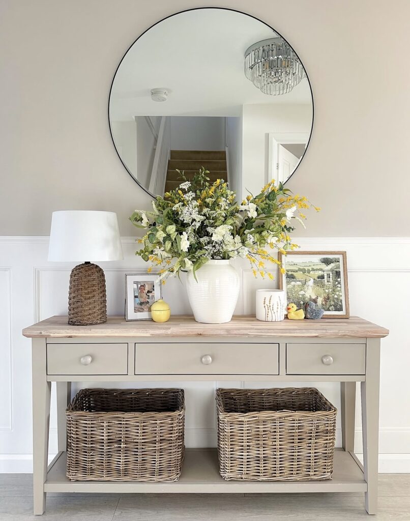 A well-decorated console table.