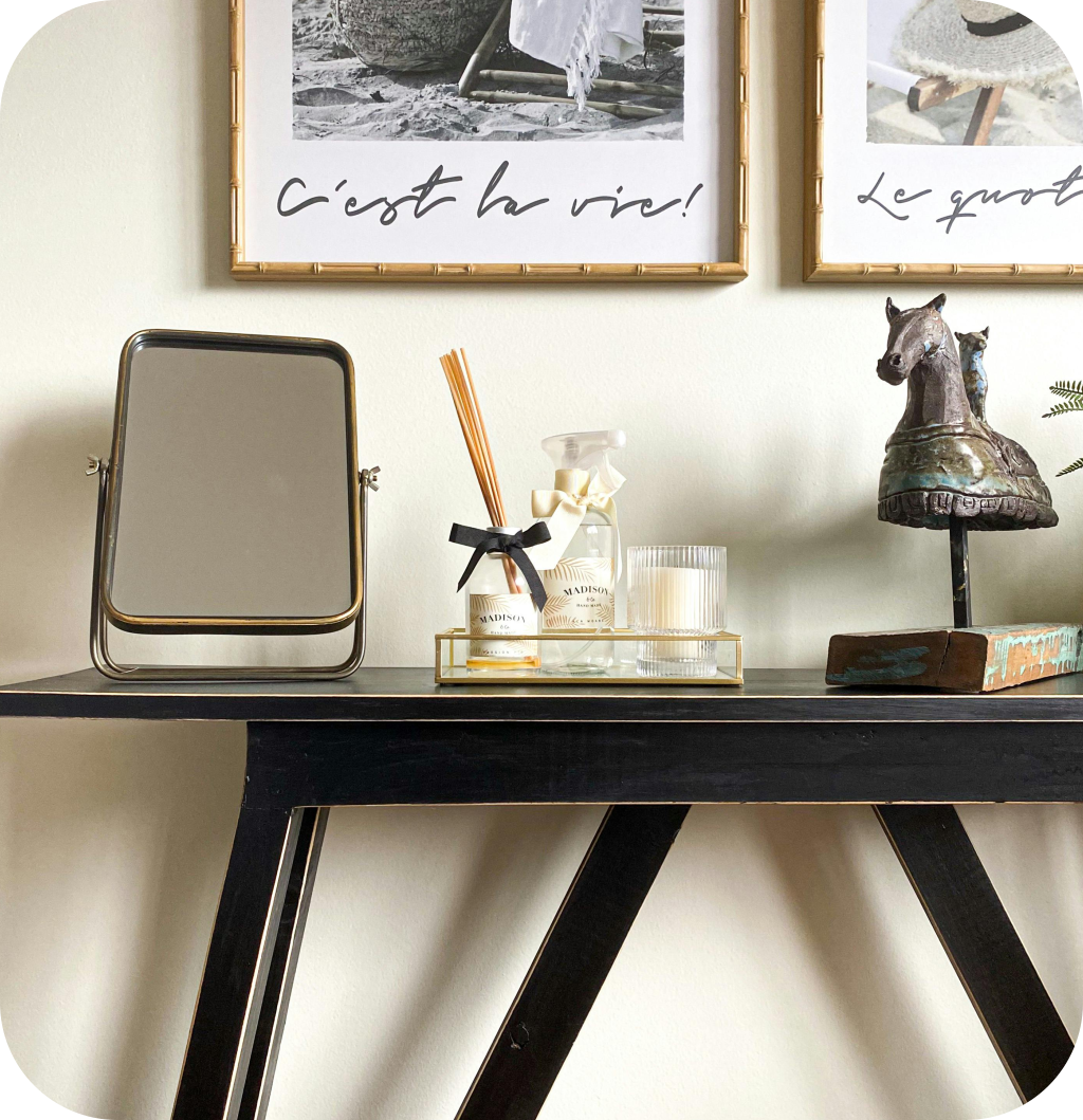 A well-decorated console table.